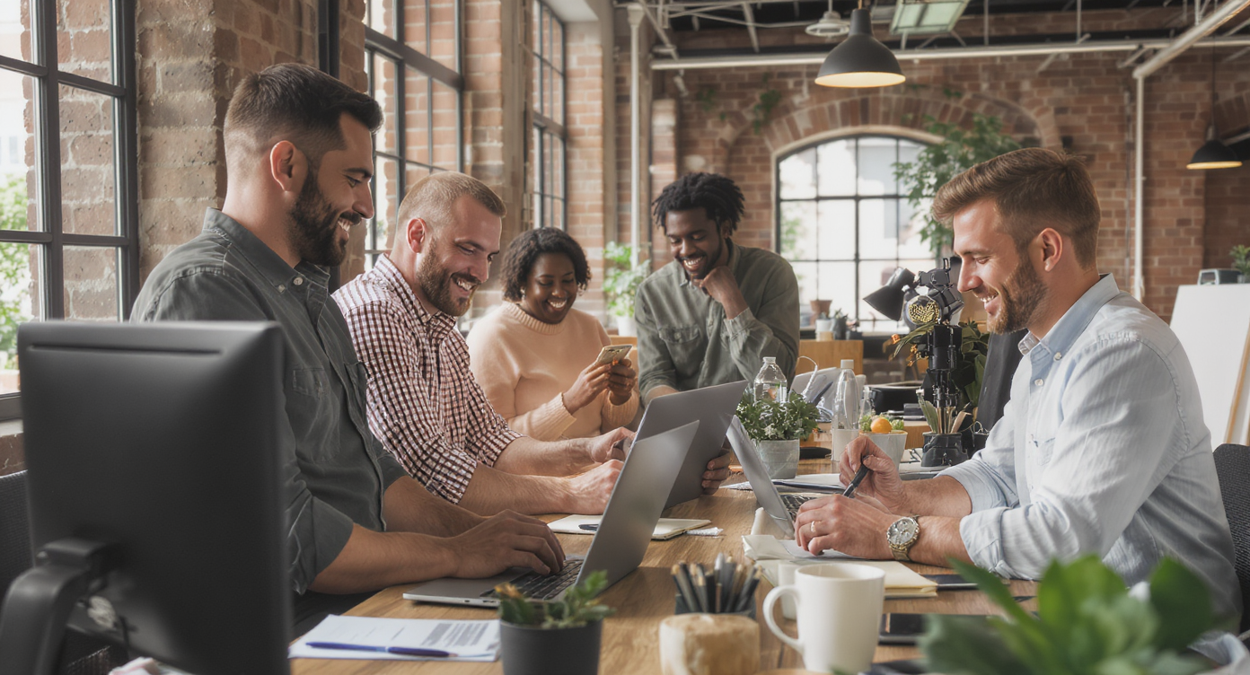 Engaged coworkers smiling
